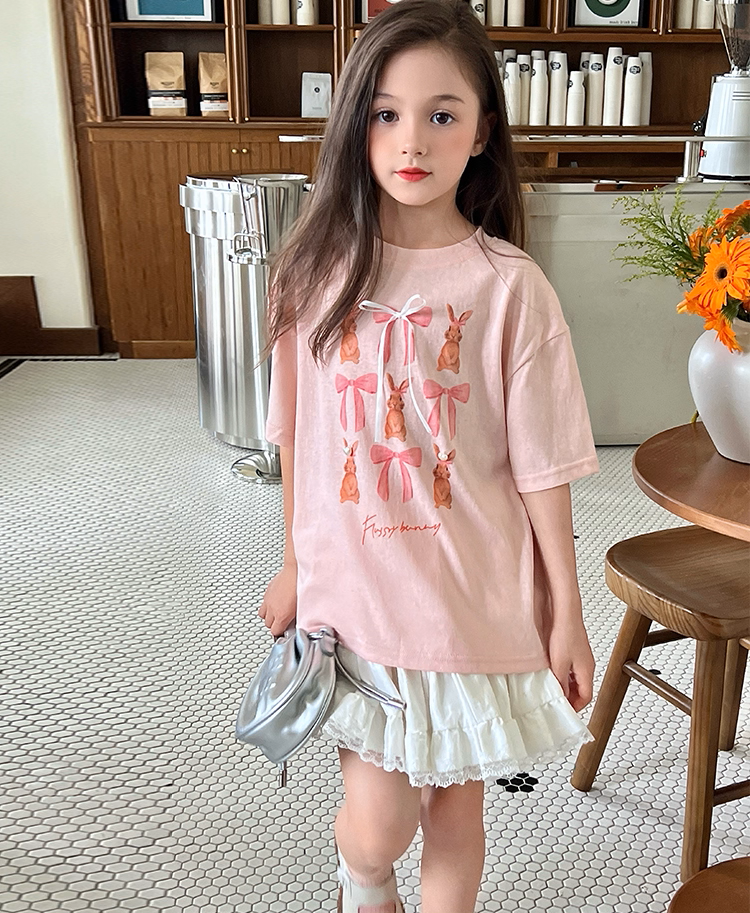 Set Nàng Thơ Áo Thun Hồng Đính Nơ Mix Chân Váy Trắng Phối Ren