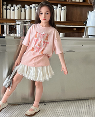 Set Nàng Thơ Áo Thun Hồng Đính Nơ Mix Chân Váy Trắng Phối Ren