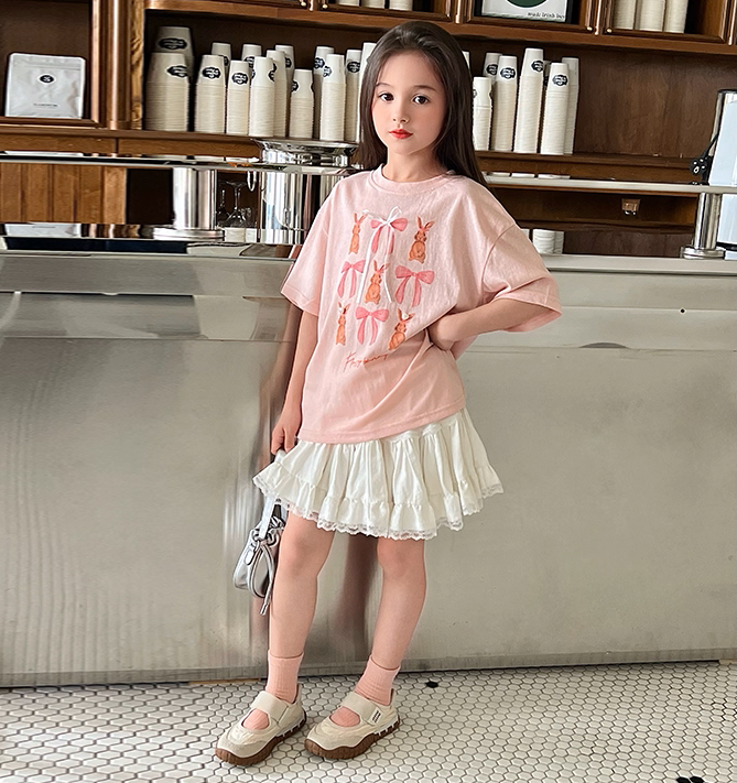 Set Nàng Thơ Áo Thun Hồng Đính Nơ Mix Chân Váy Trắng Phối Ren