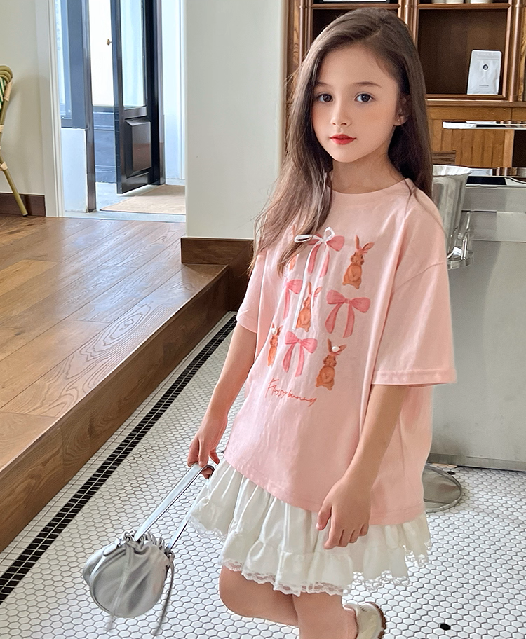 Set Nàng Thơ Áo Thun Hồng Đính Nơ Mix Chân Váy Trắng Phối Ren