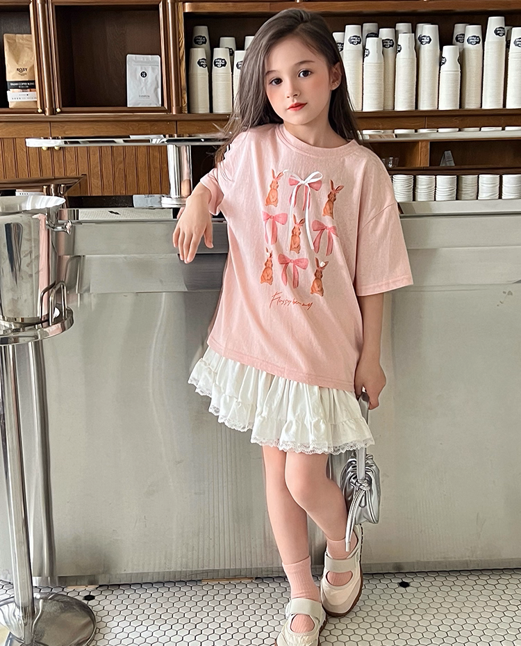 Set Nàng Thơ Áo Thun Hồng Đính Nơ Mix Chân Váy Trắng Phối Ren