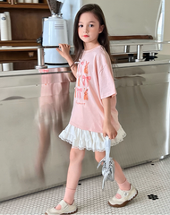 Set Nàng Thơ Áo Thun Hồng Đính Nơ Mix Chân Váy Trắng Phối Ren