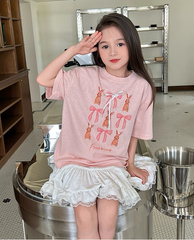 Set Nàng Thơ Áo Thun Hồng Đính Nơ Mix Chân Váy Trắng Phối Ren
