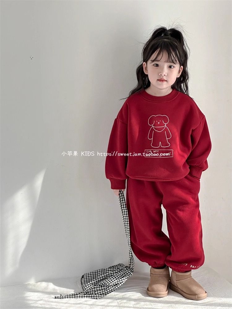 Set Nỉ Da Cá Màu Đỏ Áo In Hình Cún Dễ Thương Form Rộng