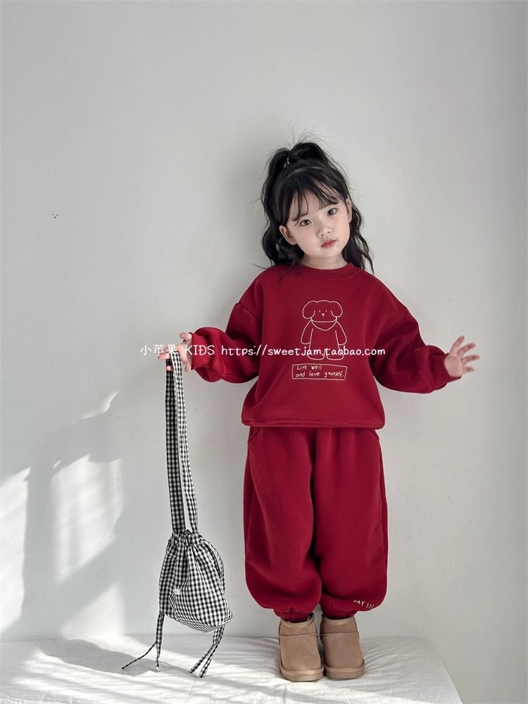 Set Nỉ Da Cá Màu Đỏ Áo In Hình Cún Dễ Thương Form Rộng