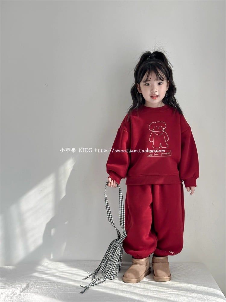 Set Nỉ Da Cá Màu Đỏ Áo In Hình Cún Dễ Thương Form Rộng