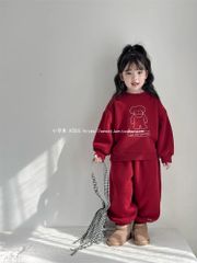 Set Nỉ Da Cá Màu Đỏ Áo In Hình Cún Dễ Thương Form Rộng