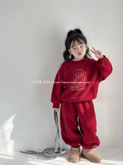 Set Nỉ Da Cá Màu Đỏ Áo In Hình Cún Dễ Thương Form Rộng