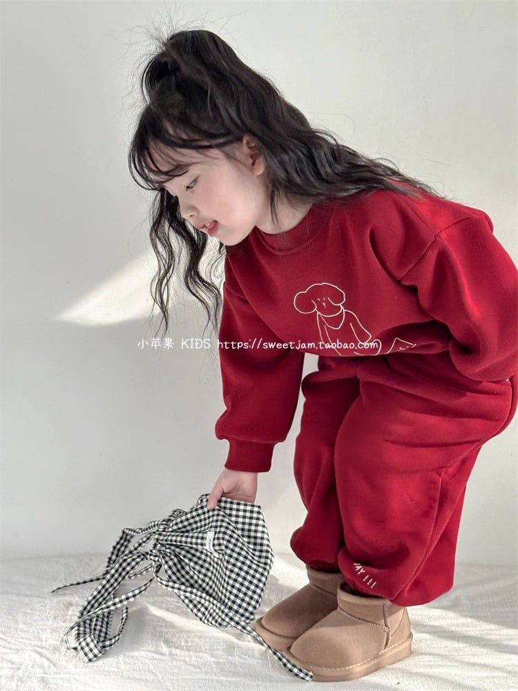 Set Nỉ Da Cá Màu Đỏ Áo In Hình Cún Dễ Thương Form Rộng