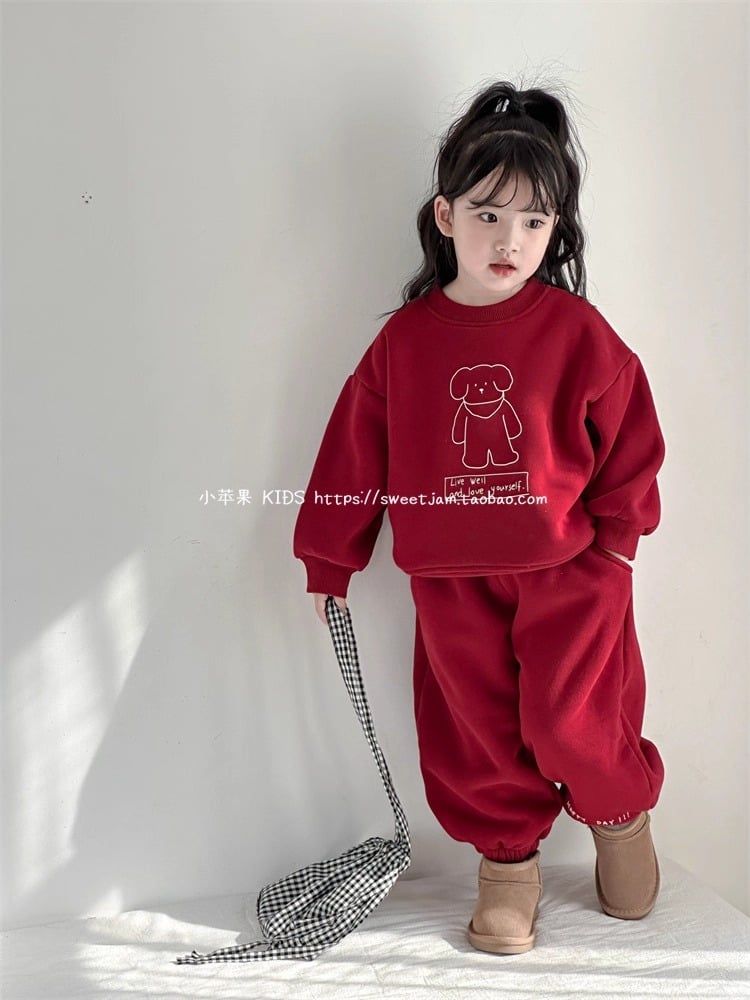 Set Nỉ Da Cá Màu Đỏ Áo In Hình Cún Dễ Thương Form Rộng