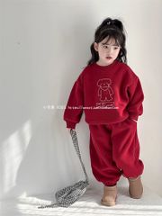 Set Nỉ Da Cá Màu Đỏ Áo In Hình Cún Dễ Thương Form Rộng