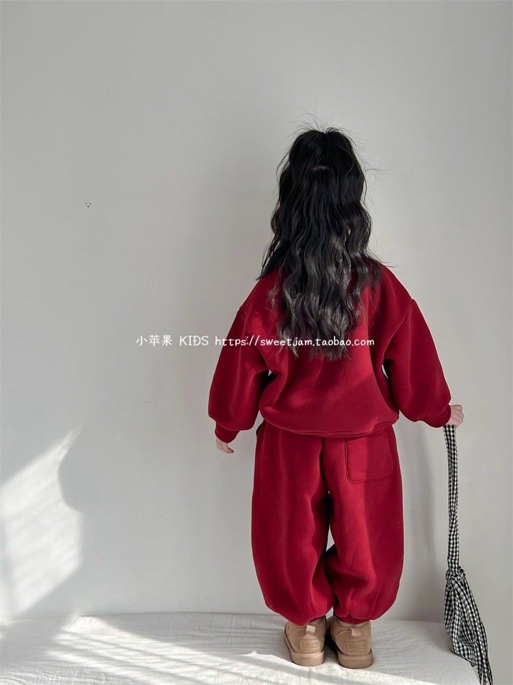 Set Nỉ Da Cá Màu Đỏ Áo In Hình Cún Dễ Thương Form Rộng