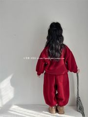 Set Nỉ Da Cá Màu Đỏ Áo In Hình Cún Dễ Thương Form Rộng