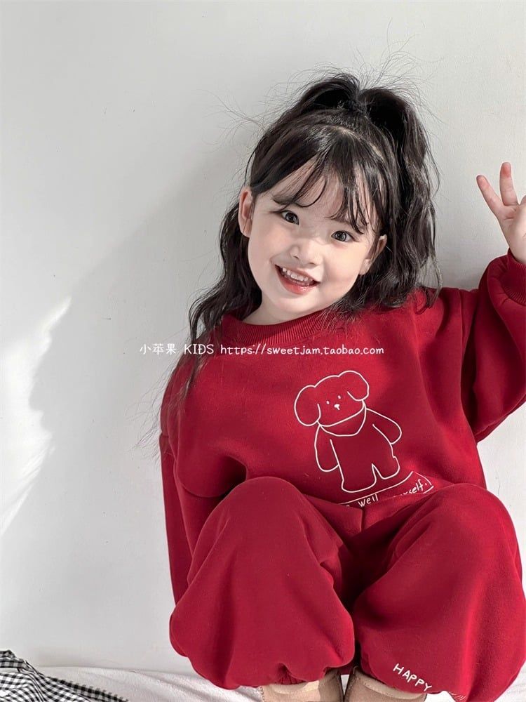 Set Nỉ Da Cá Màu Đỏ Áo In Hình Cún Dễ Thương Form Rộng