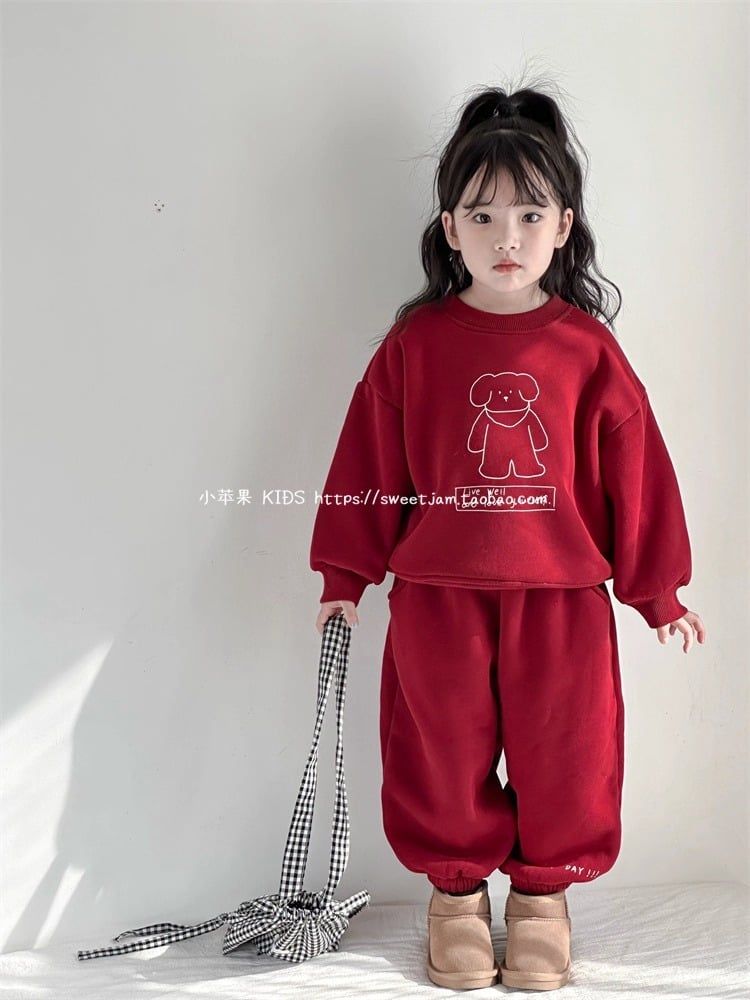 Set Nỉ Da Cá Màu Đỏ Áo In Hình Cún Dễ Thương Form Rộng