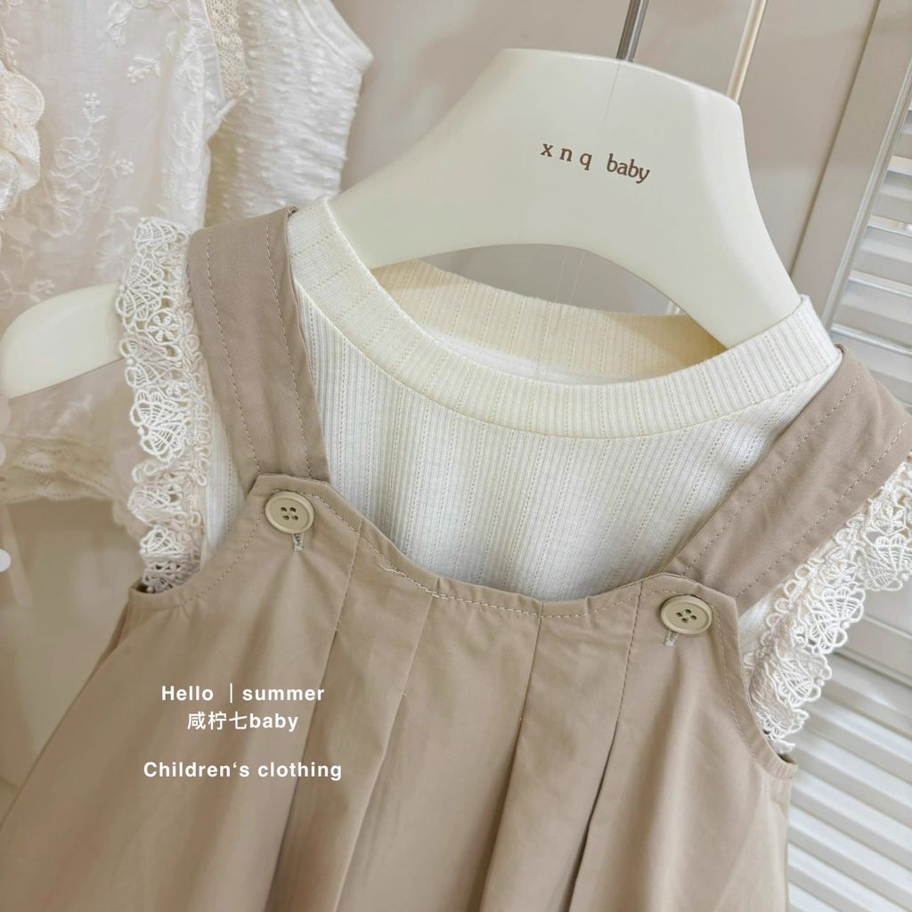 Set Yếm Áo Tăm Be Phối Yếm Váy Nâu Tây