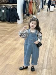 Set Yếm Jean Giặt Mài Phối Áo Cotton Kẻ Siêu Yêu