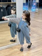 Set Yếm Jean Giặt Mài Phối Áo Cotton Kẻ Siêu Yêu