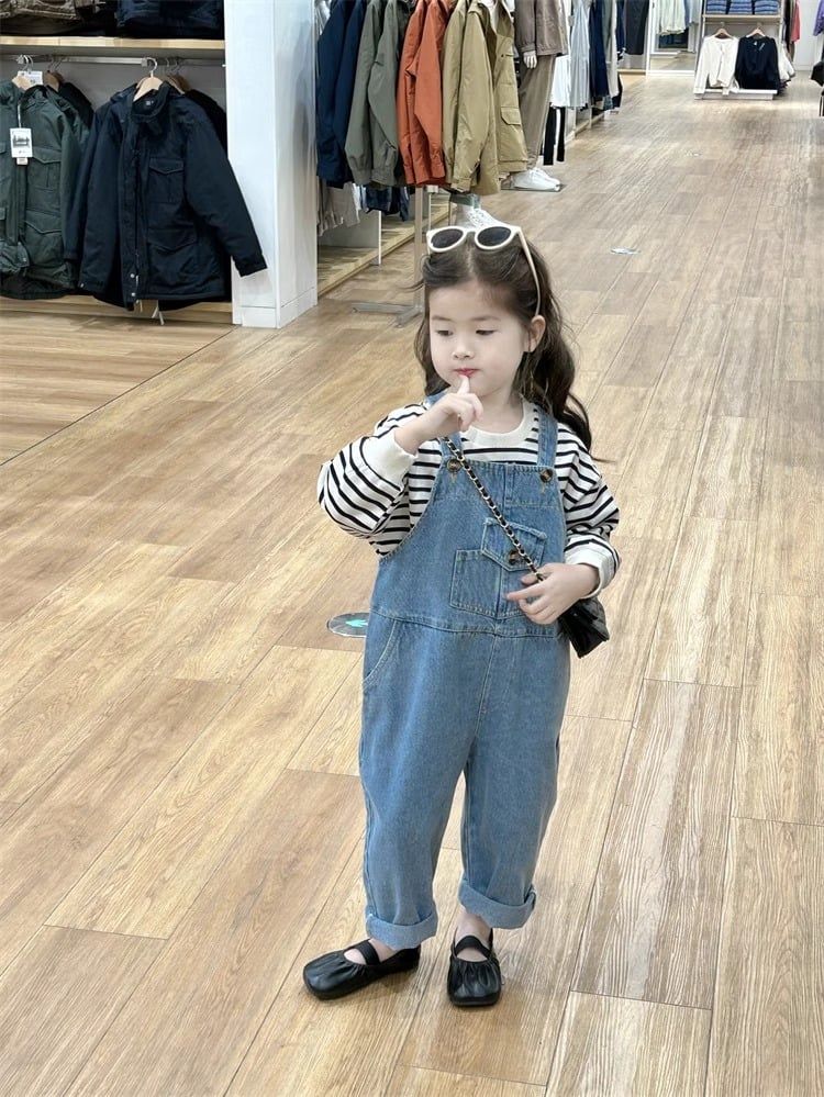 Set Yếm Jean Giặt Mài Phối Áo Cotton Kẻ Siêu Yêu