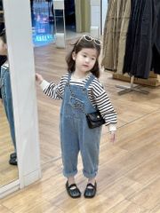 Set Yếm Jean Giặt Mài Phối Áo Cotton Kẻ Siêu Yêu