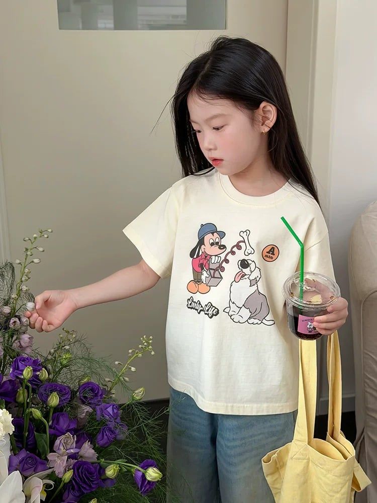 Set Áo Thun In Hình Chó Dễ Thương Mix Quần Jean Suông