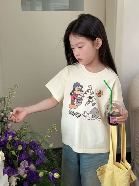 Set Áo Thun In Hình Chó Dễ Thương Mix Quần Jean Suông