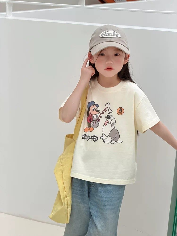 Set Áo Thun In Hình Chó Dễ Thương Mix Quần Jean Suông