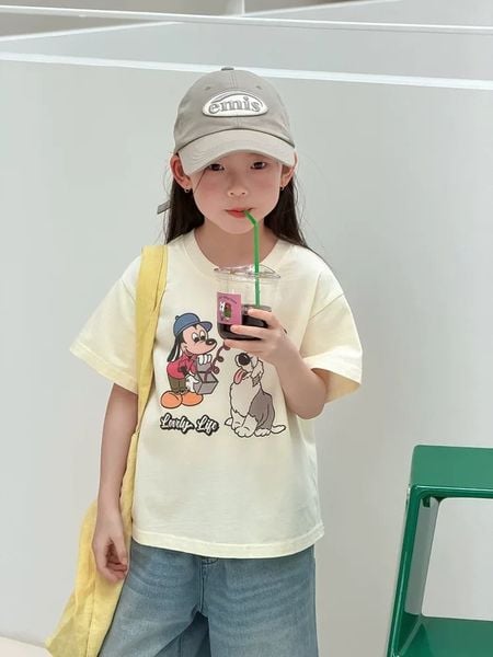 Set Áo Thun In Hình Chó Dễ Thương Mix Quần Jean Suông