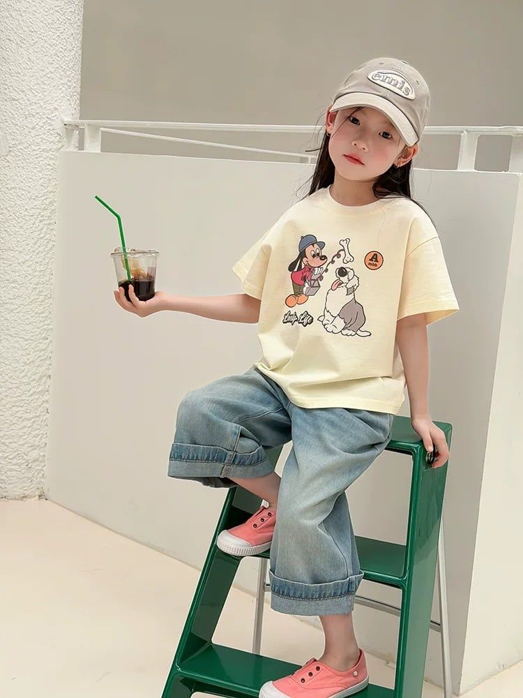 Set Áo Thun In Hình Chó Dễ Thương Mix Quần Jean Suông