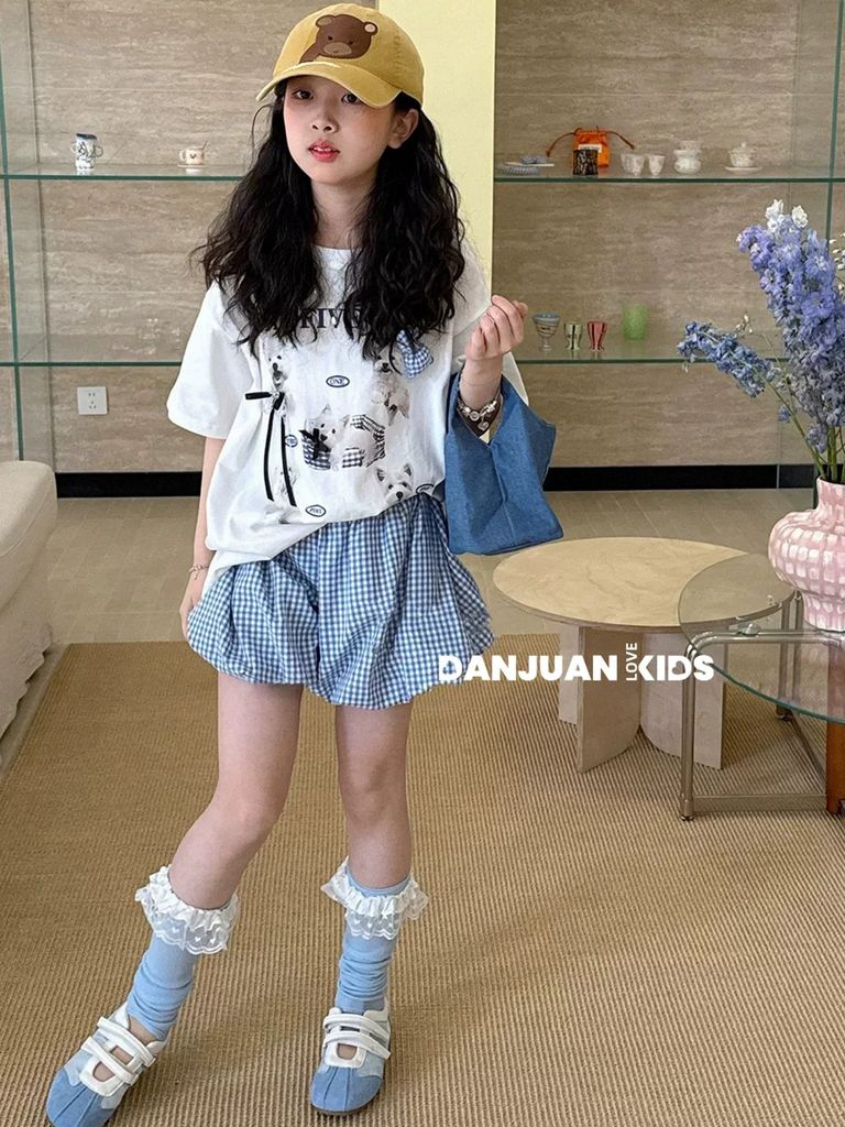 Set Áo Cotton Đính Nơ In Hình Cún Mix Quần Bí Xinh Xắn