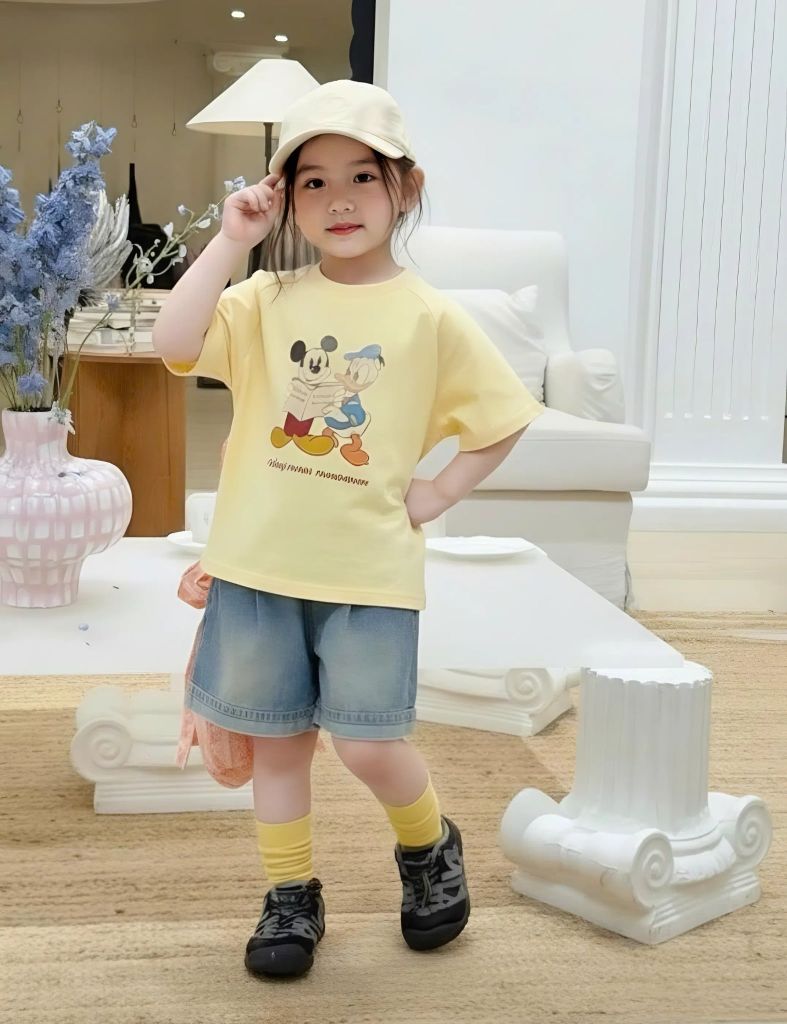 Sét Áo Thun Vàng In Hình Mickey Và Donald Mix Quần Short Jean