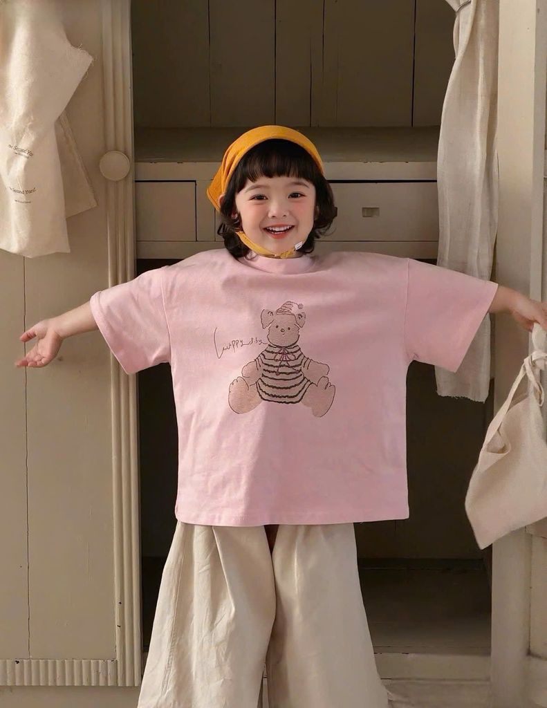 Set Bé Gái Áo Cotton In Hình Gấu Phối Quần Kaki