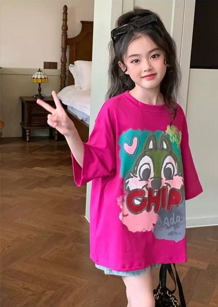 Set Bé Gái Áo Thun In Hình Sóc Phối Quần Short Jean