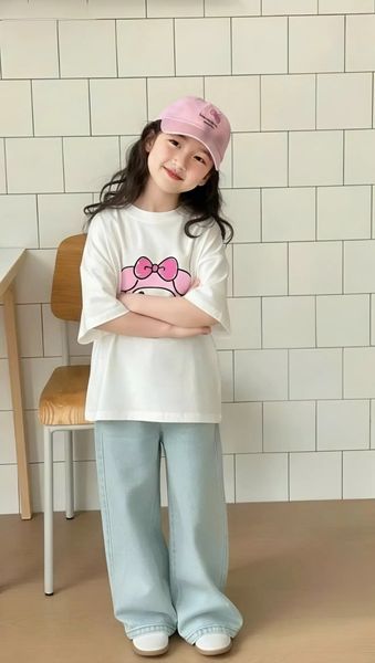 Set Bé Gái Áo Thun Trắng In Hình Mix Quần Jean Dài Xinh Xắn