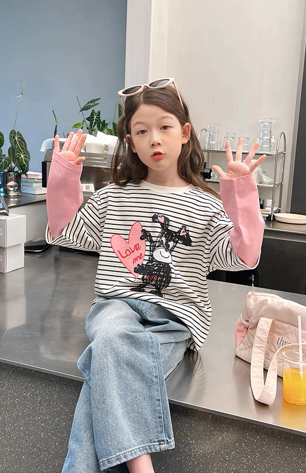 Set Áo Dài Tay Kẻ Sọc Phối Hồng Hình Cún Đáng Yêu Mix Quần Jean Dài