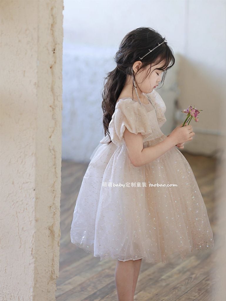 Váy Công Chúa Bling Bling Màu Be Lấp Lánh Bồng Bềnh