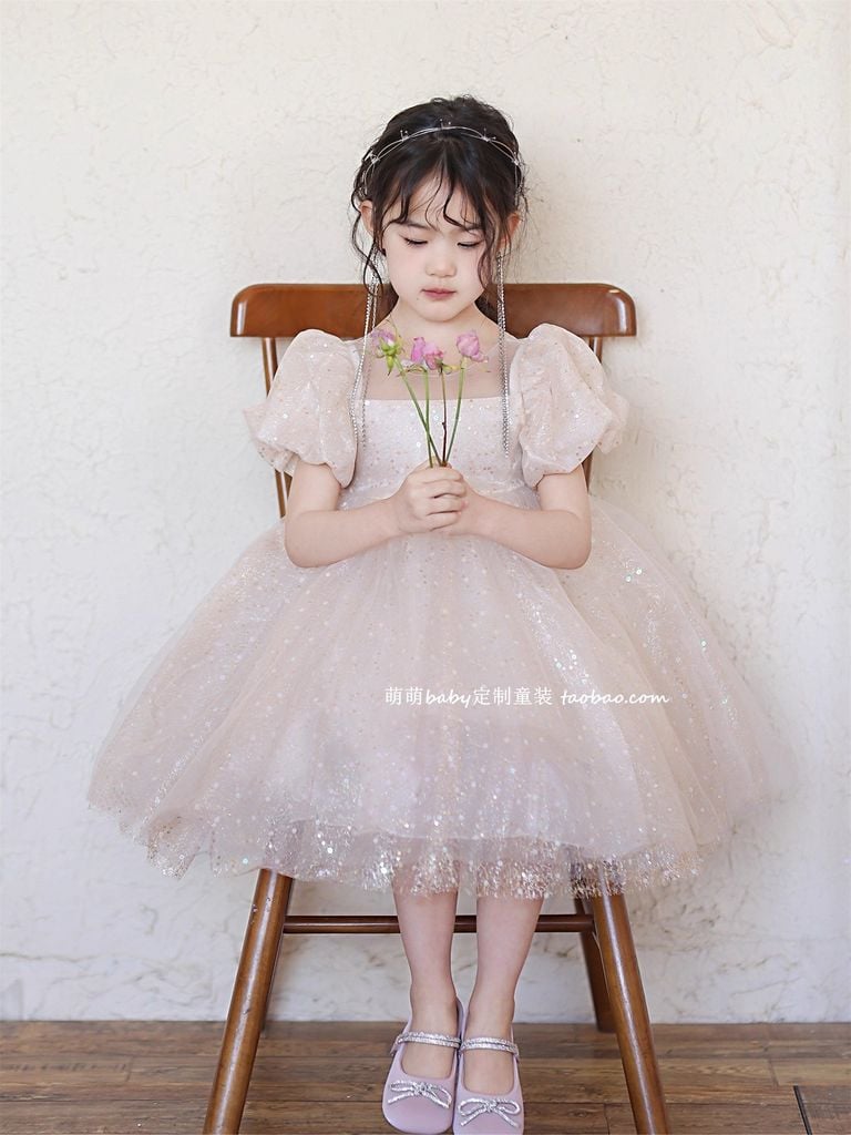 Váy Công Chúa Bling Bling Màu Be Lấp Lánh Bồng Bềnh