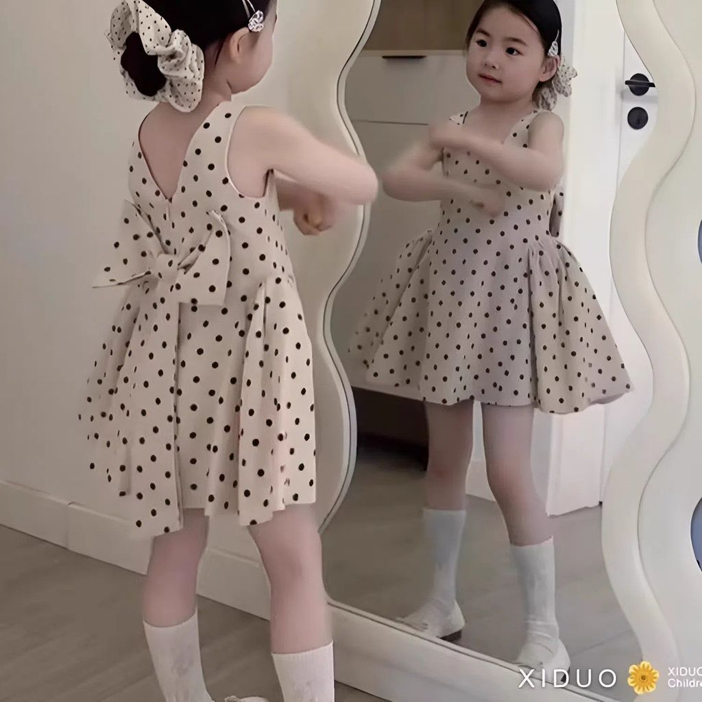 Váy Tiểu Thư Chấm Bi Đính Nơ Sau Dáng Xinh Lung Linh