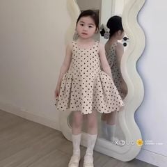 Váy Tiểu Thư Chấm Bi Đính Nơ Sau Dáng Xinh Lung Linh