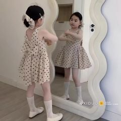 Váy Tiểu Thư Chấm Bi Đính Nơ Sau Dáng Xinh Lung Linh