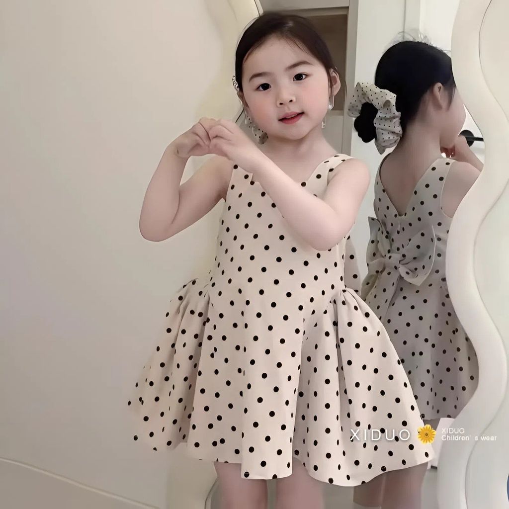 Váy Tiểu Thư Chấm Bi Đính Nơ Sau Dáng Xinh Lung Linh