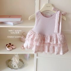 Váy 2 Tầng Hồng Chấm Bi Phối Nơ Vai