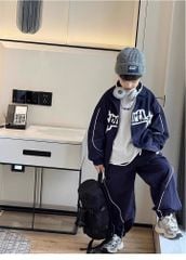 Set Streetstyle Áo Khoác Gió 2 Lớp Viền Sọc Phối Phối Quần Dài Bo Lai