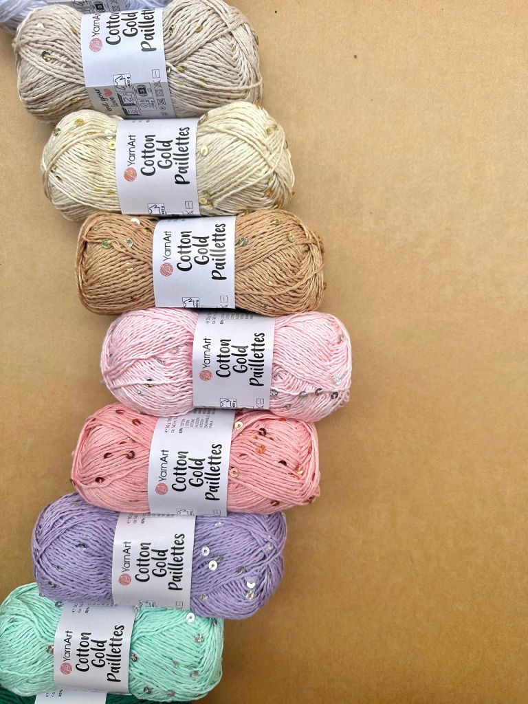 Sợi Cotton Gold Paillettes - Yarnart, 50g-140m, đan móc áo, váy, khăn