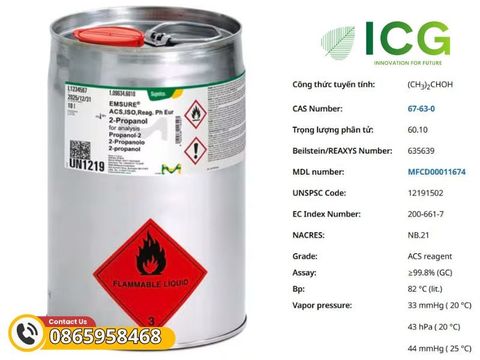  2-Propanol Merck EMSURE ≥99.8% – Dung môi GC CAS 67-63-0 
