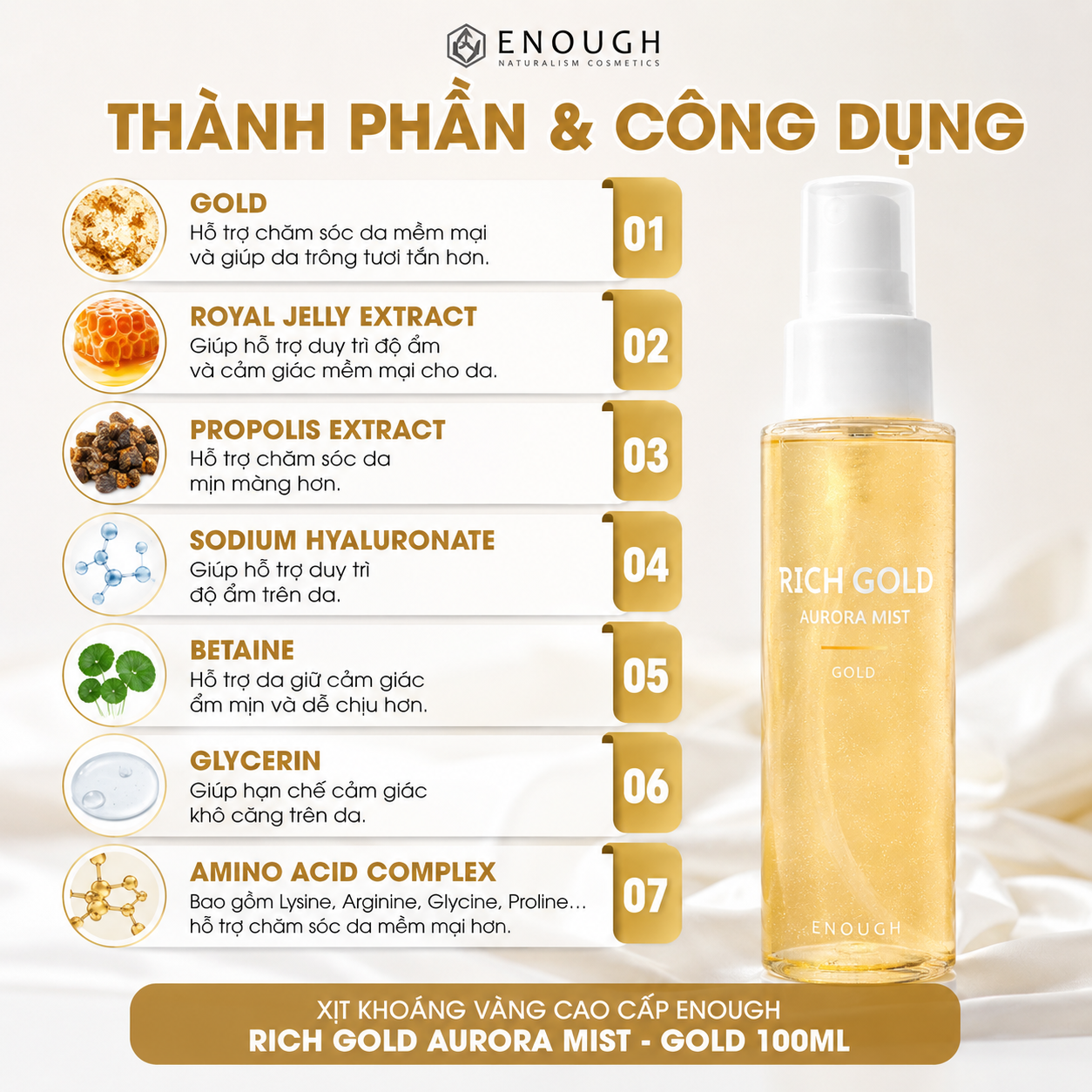 XỊT KHOÁNG VÀNG CAO CẤP ENOUGH RICH GOLD AURORA MIST 80ML - GOLD