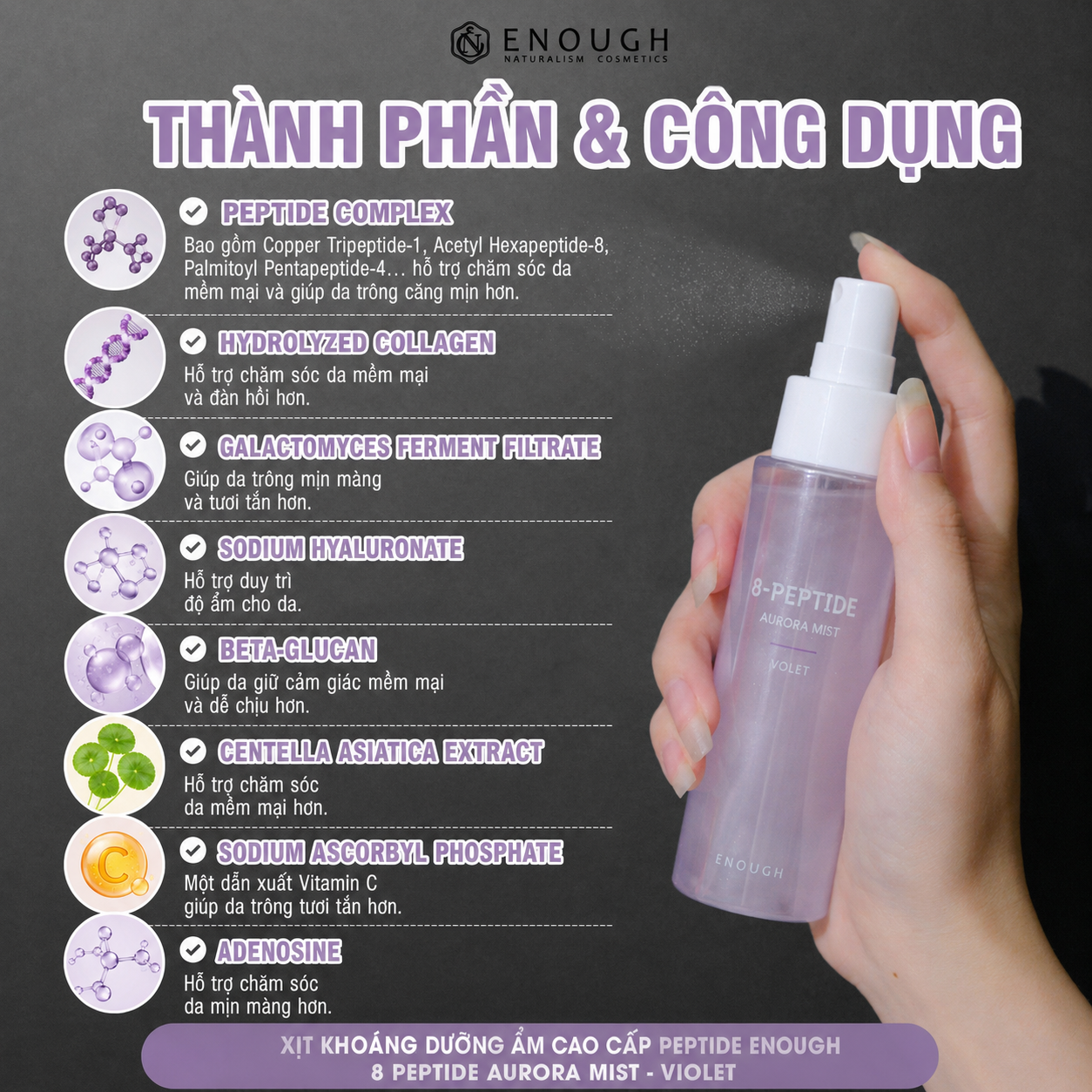 XỊT KHOÁNG DƯỠNG ẨM CAO CẤP PEPTIDE ENOUGH 8 PEPTIDE AURORA MIST 80ML - VIOLET