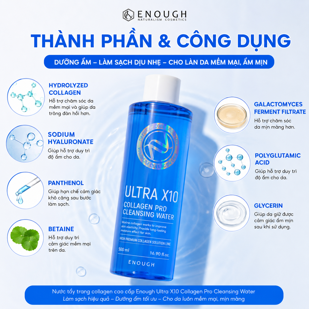 NƯỚC TẨY TRANG COLLAGEN CAO CẤP ENOUGH ULTRA X10 COLLAGEN PRO CLEANSING WATER 500ML