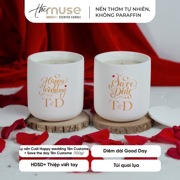 Set quà Nến thơm The Muse - Happy Wedding - Custom Tên Dâu Rể