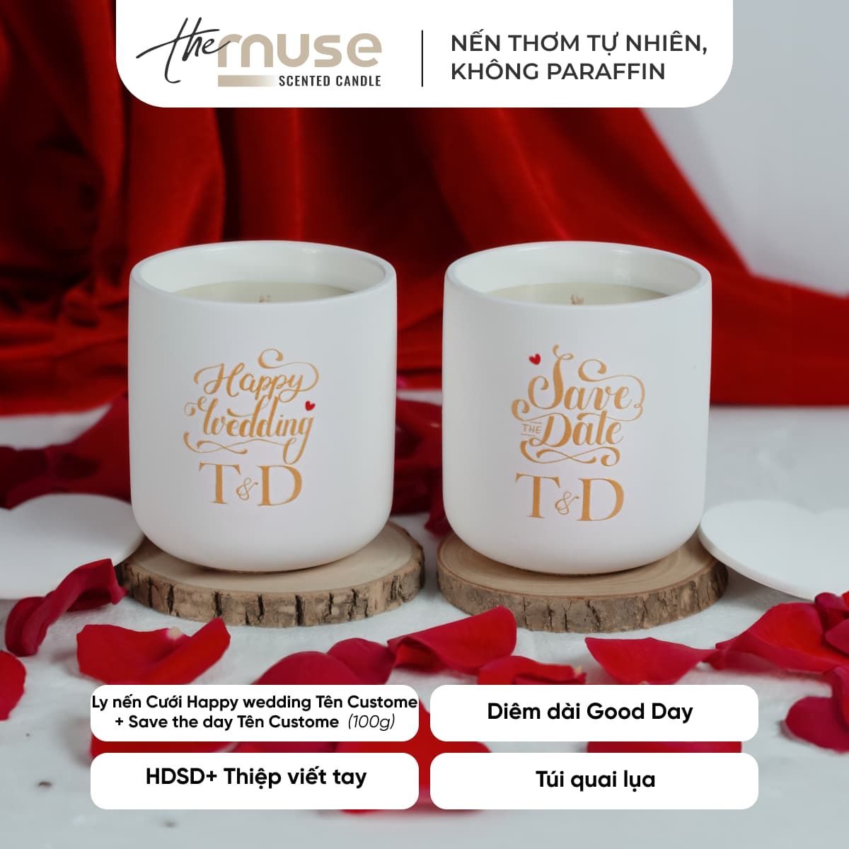 Set quà Nến thơm The Muse - Happy Wedding - Custom Tên Dâu Rể